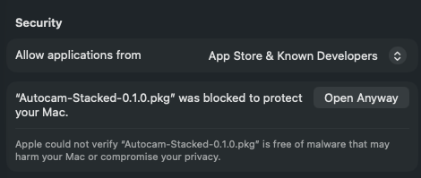 Privacy & Security: “Sorot.pkg” was blocked, with an Open Anyway button