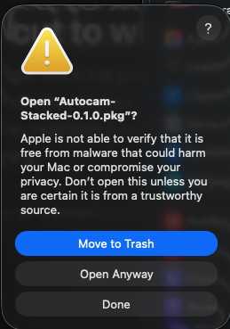 macOS: Open “Sorot.pkg”? with Move to Trash, Open Anyway and Done
